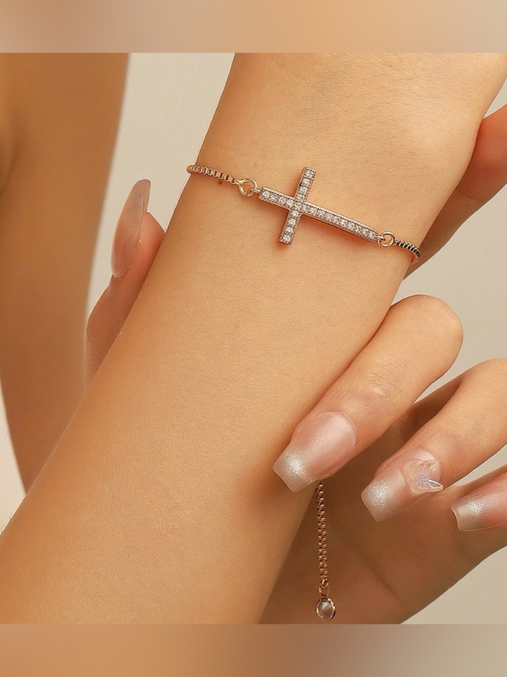 Silver Diamond "CZ" Cross Bolo Bracelet 8" Sideways cross bracelet -New in box